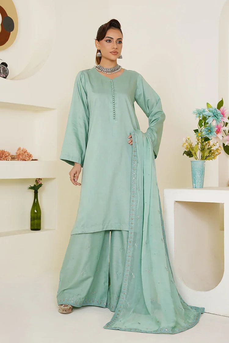 Picture of Threads & Weaves - Green Solid 3-Piece Ready-To-Wear Suit - Pastel Sea - Available at Raja Sahib