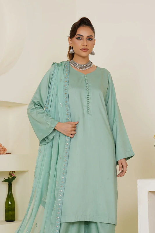 Picture of Threads & Weaves - Green Solid 3-Piece Ready-To-Wear Suit - Pastel Sea - Available at Raja Sahib