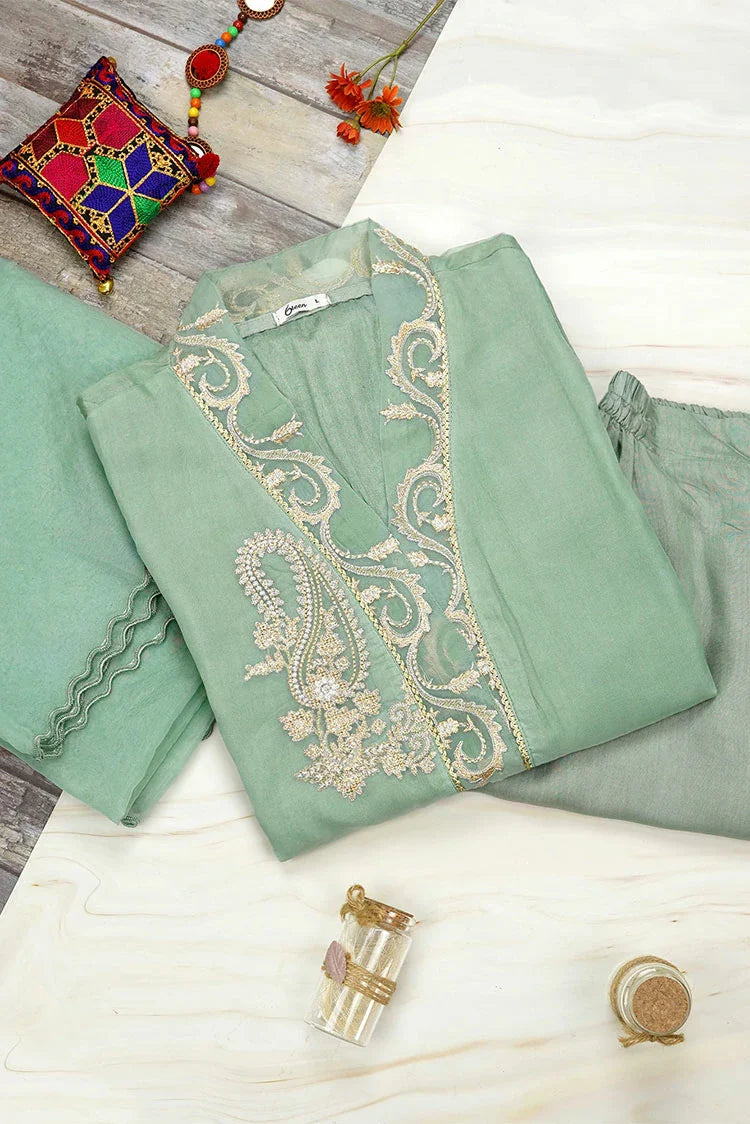 Picture of 6Teen - 3 Piece - Olive Oranza Embroidered Suit - Available at Raja Sahib