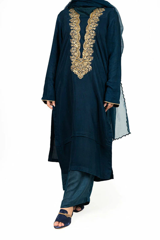Picture of 6Teen - 3 Piece - Raw Silk Blue Embroidered Suit - Available at Raja Sahib