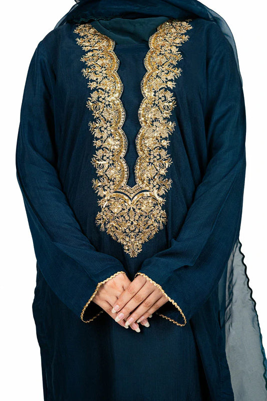 Picture of 6Teen - 3 Piece - Raw Silk Blue Embroidered Suit - Available at Raja Sahib