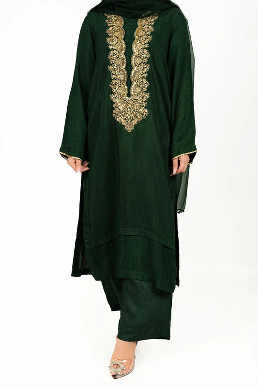 Picture of 6Teen - 3 Piece - Raw Silk Green Embroidered Suit - Available at Raja Sahib