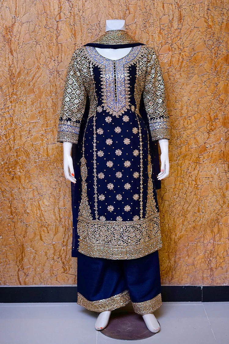 Picture of Saira Sultana - Long Shirt Plazo - Areesh - Navy Blue - Available at Raja Sahib
