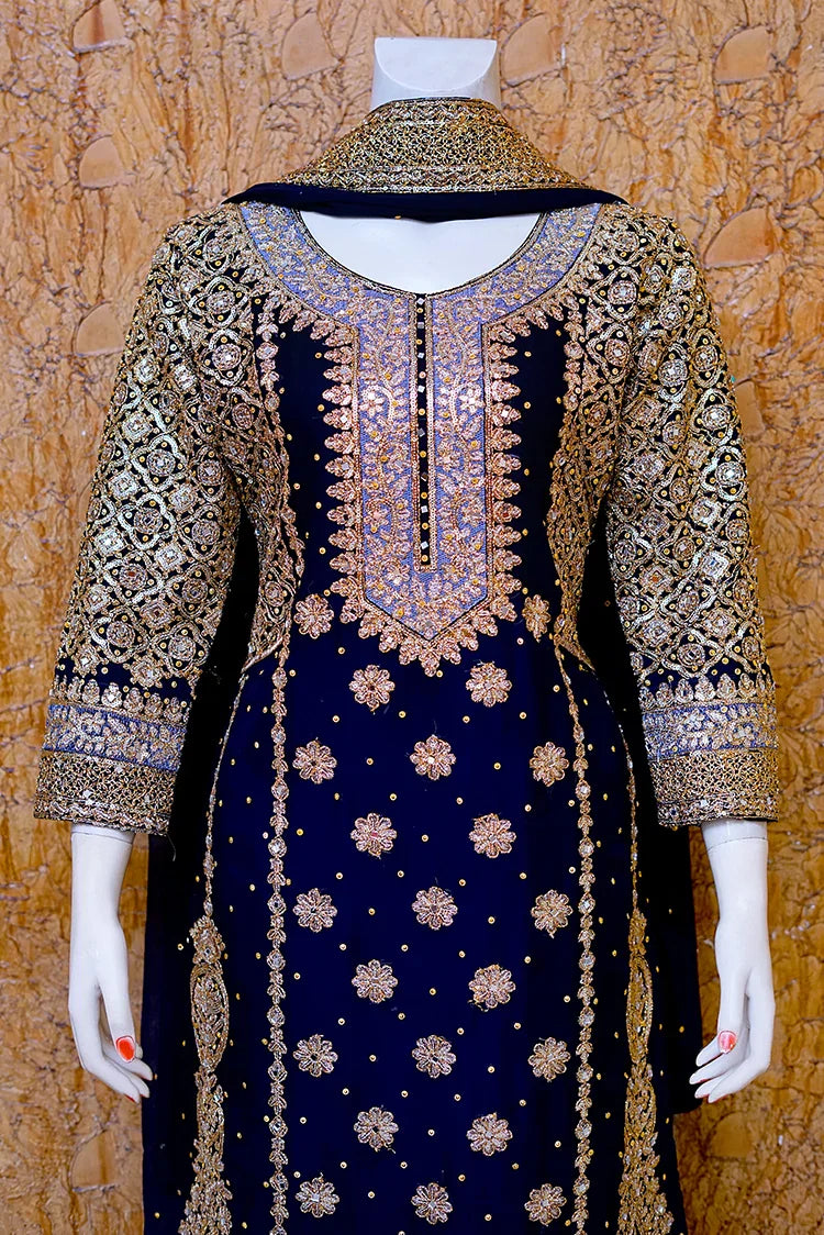 Picture of Saira Sultana - Long Shirt Plazo - Areesh - Navy Blue - Available at Raja Sahib