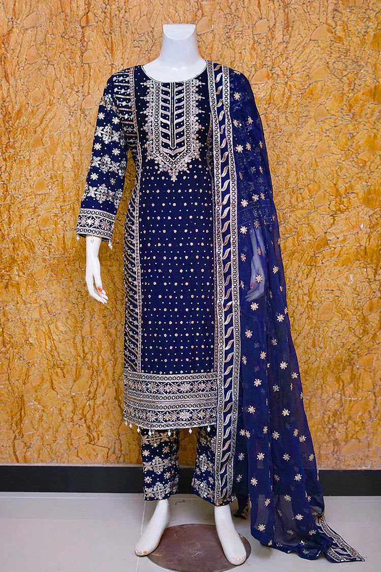 Picture of Saira Sultana - Long Shirt Plazo - Aamna - Navy Blue - Available at Raja Sahib