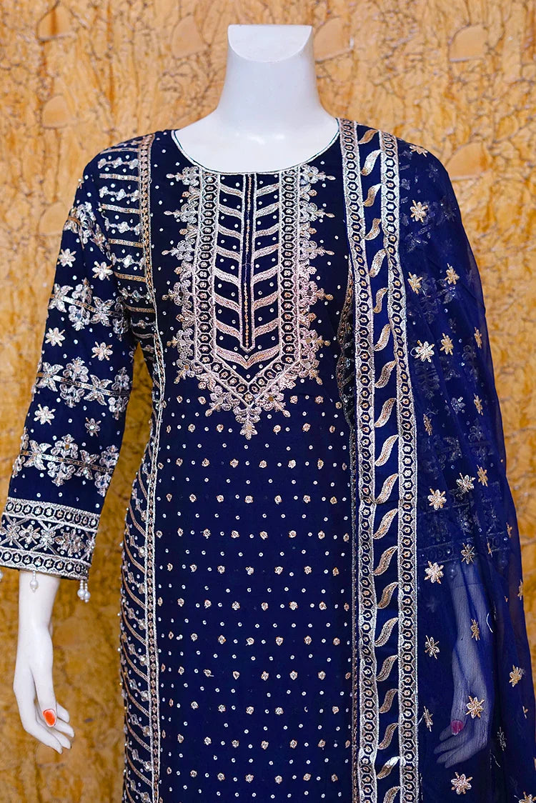 Picture of Saira Sultana - Long Shirt Plazo - Aamna - Navy Blue - Available at Raja Sahib