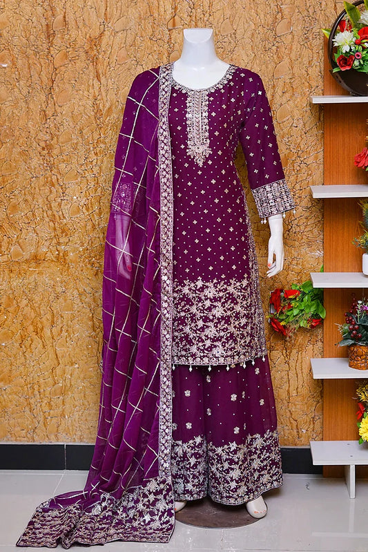 Picture of Saira Sultana - Long Shirt Plazo - Mahrosh - Plum - Available at Raja Sahib