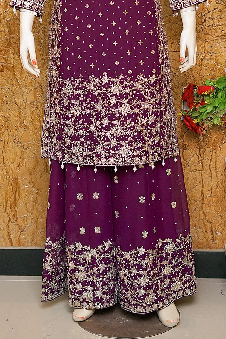 Picture of Saira Sultana - Long Shirt Plazo - Mahrosh - Plum - Available at Raja Sahib