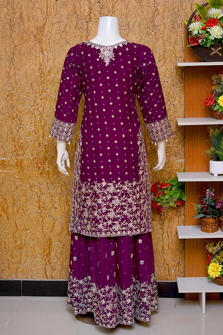 Picture of Saira Sultana - Long Shirt Plazo - Mahrosh - Plum - Available at Raja Sahib