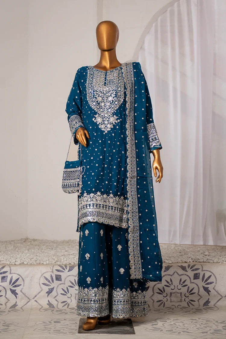 Picture of Saira Sultana - Long Shirt Plazo - Mah-Jabeen - Teal - Available at Raja Sahib