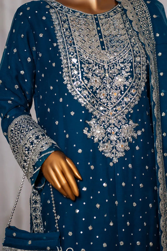 Picture of Saira Sultana - Long Shirt Plazo - Mah-Jabeen - Teal - Available at Raja Sahib