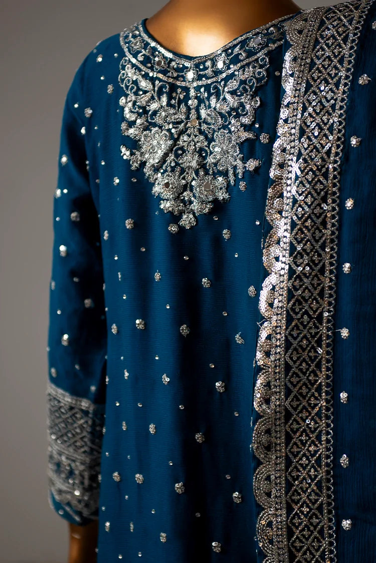 Picture of Saira Sultana - Long Shirt Plazo - Mah-Jabeen - Teal - Available at Raja Sahib