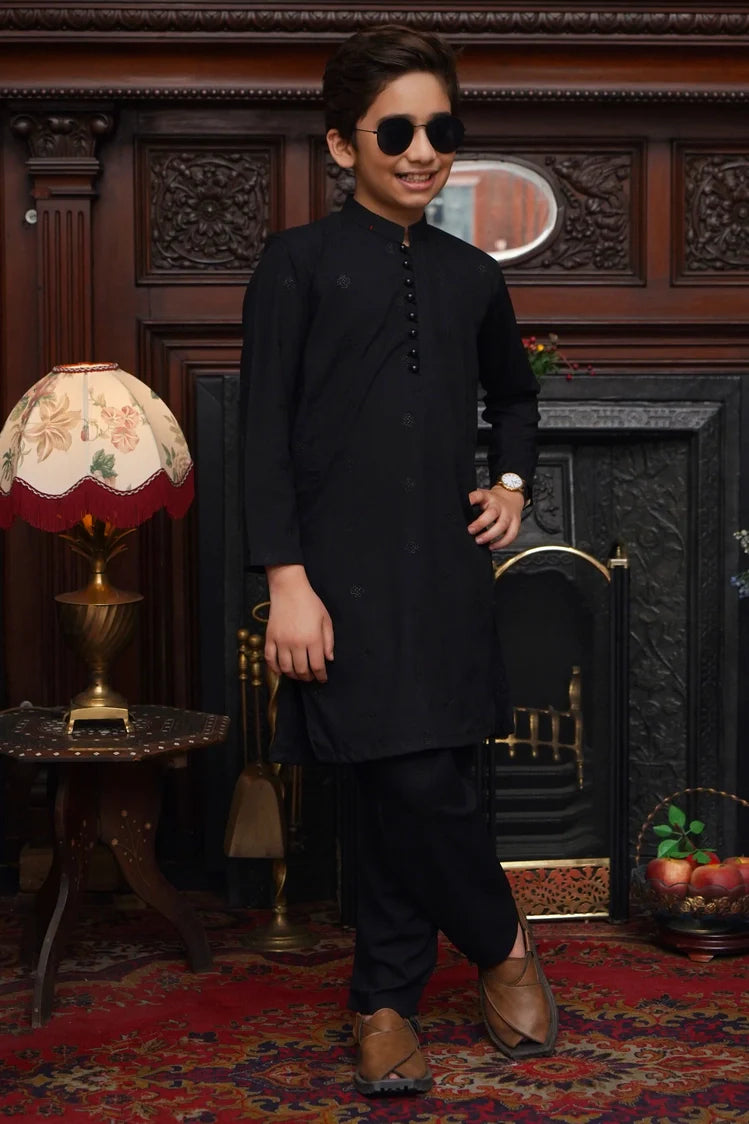 Picture of Maqsood Garments - Embroidered Kid's Wash & Wear Kameez Shalwar - Black - Available at Raja Sahib