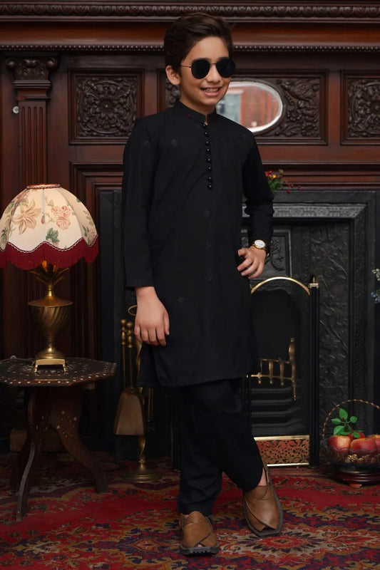 Picture of Maqsood Garments - Embroidered Kid's Wash & Wear Kameez Shalwar - Black - Available at Raja Sahib