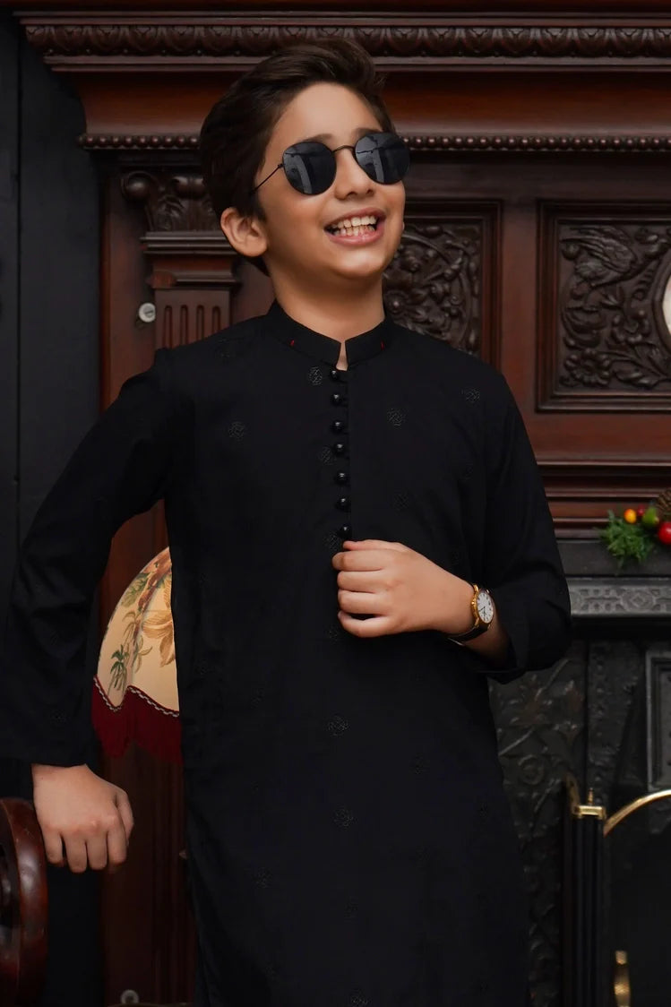 Picture of Maqsood Garments - Embroidered Kid's Wash & Wear Kameez Shalwar - Black - Available at Raja Sahib
