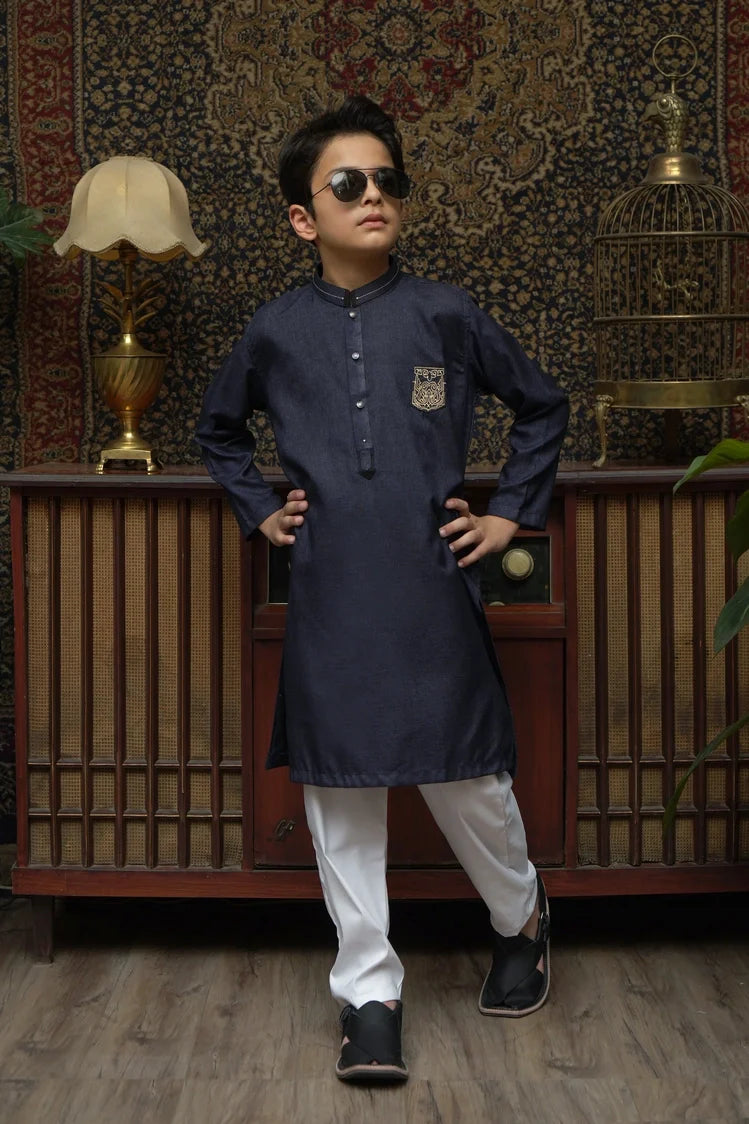 Picture of Maqsood Garments - Patched Kid's Wash & Wear Kurta - Navy Blue - Available at Raja Sahib