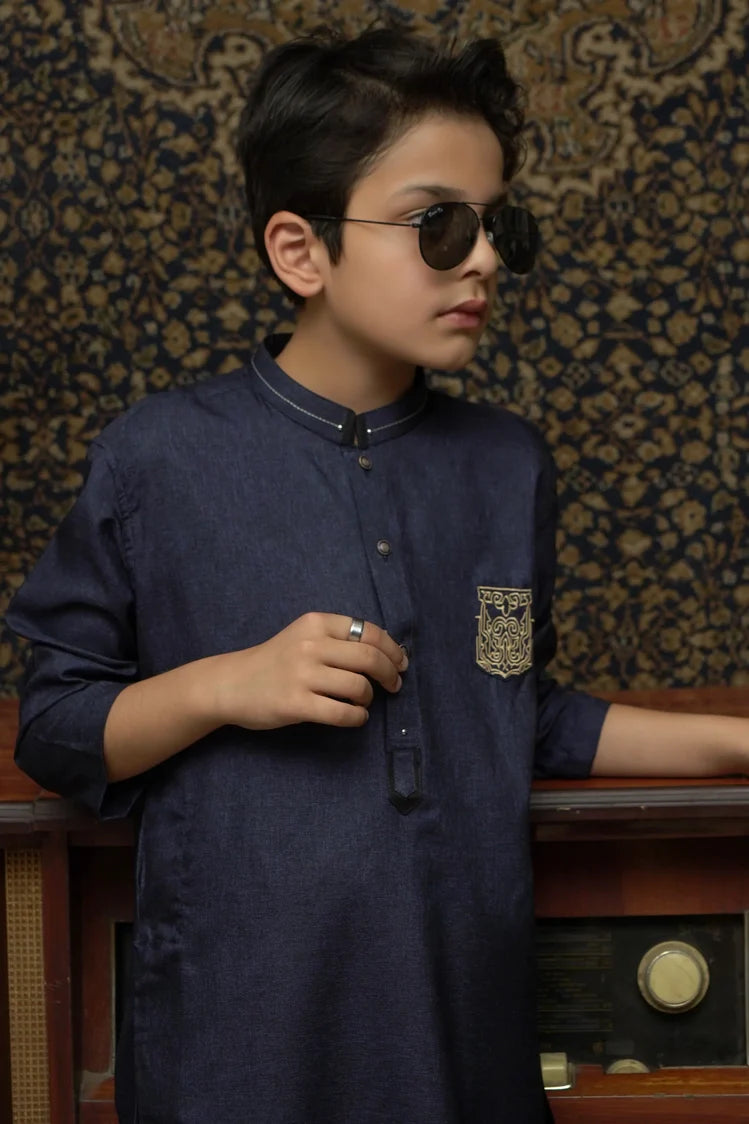 Picture of Maqsood Garments - Patched Kid's Wash & Wear Kurta - Navy Blue - Available at Raja Sahib