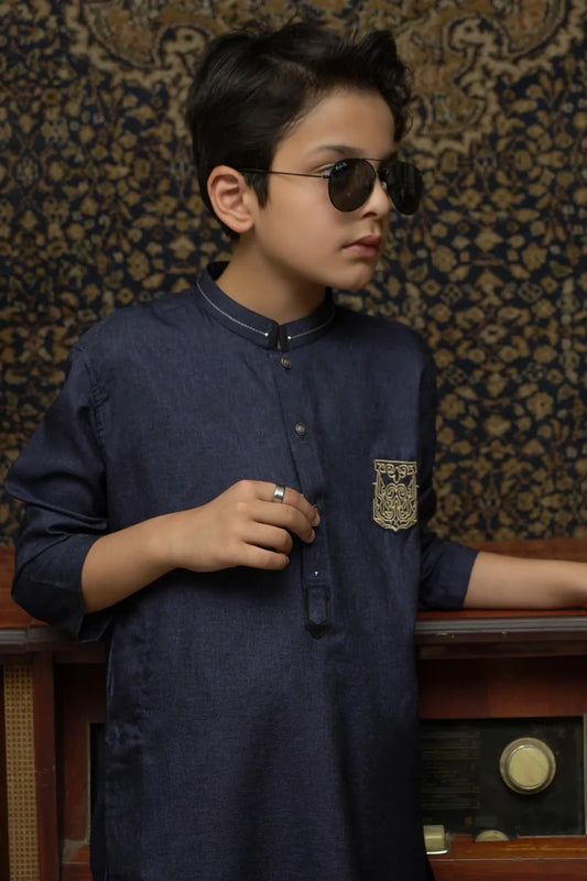 Picture of Maqsood Garments - Patched Kid's Wash & Wear Kurta - Navy Blue - Available at Raja Sahib