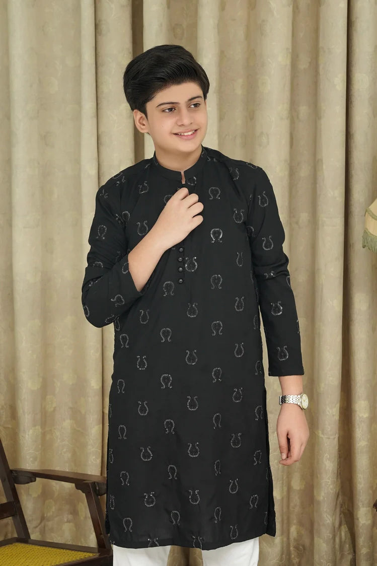 Picture of Maqsood Garments - Embroidered Kid's Kurta - Black - Available at Raja Sahib