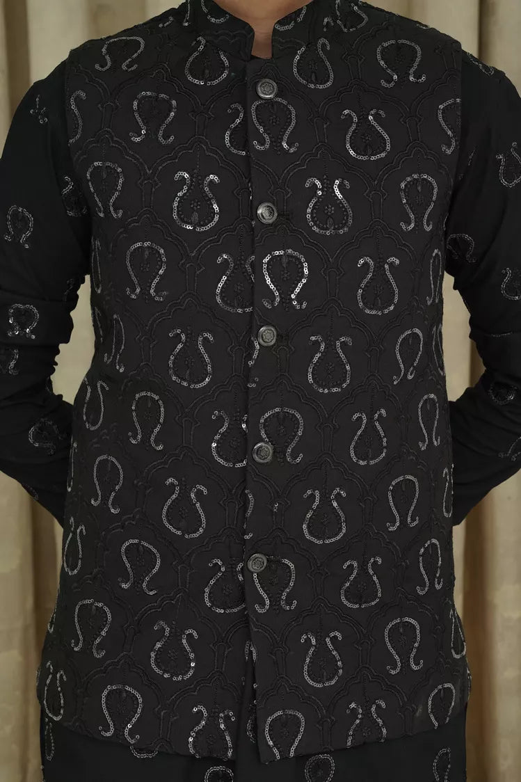 Picture of Maqsood Garments - Sequence Embroidery Kid's Waistcoat - Black - Available at Raja Sahib