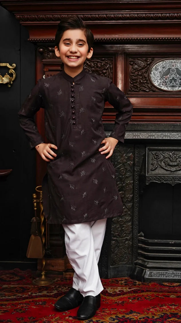 Picture of Maqsood Garments - Embroidered Kid's Kurta - Chocolate Brown - Available at Raja Sahib