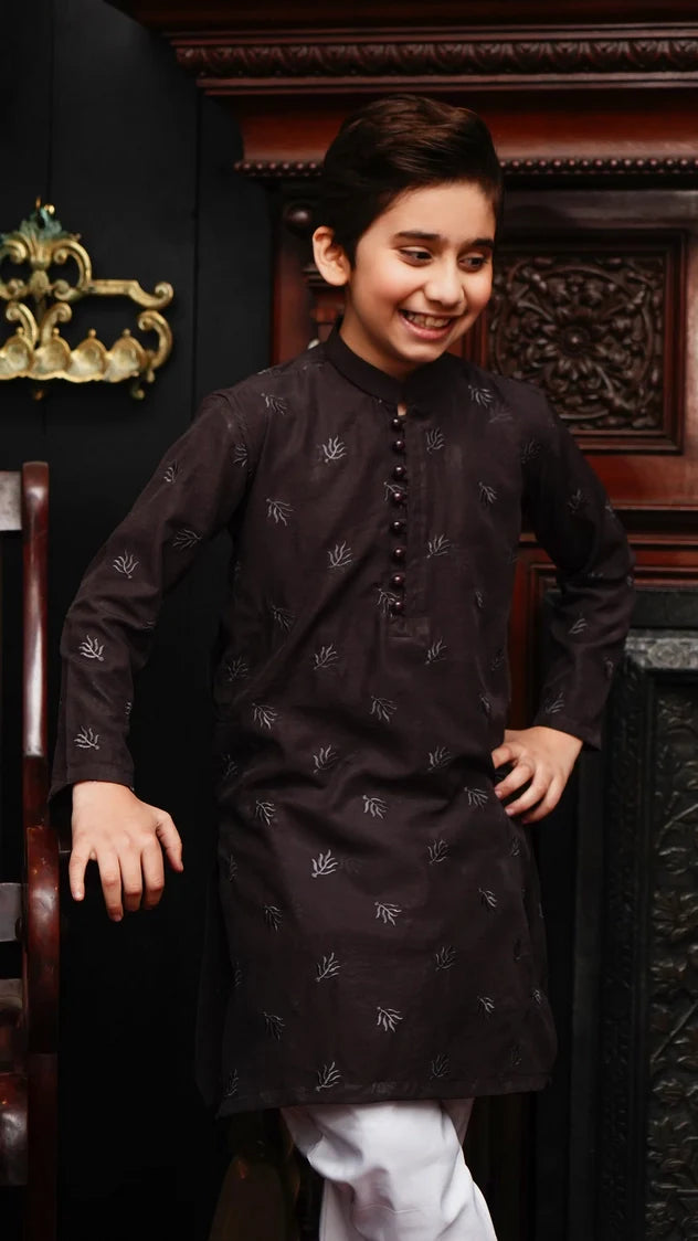 Picture of Maqsood Garments - Embroidered Kid's Kurta - Chocolate Brown - Available at Raja Sahib