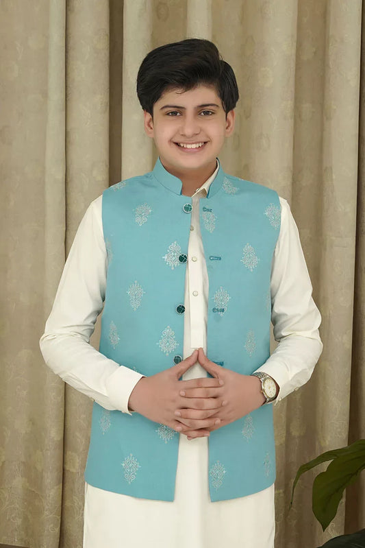 Picture of Maqsood Garments - Embroidery Kid's Waistcoat - Ferozi - Available at Raja Sahib