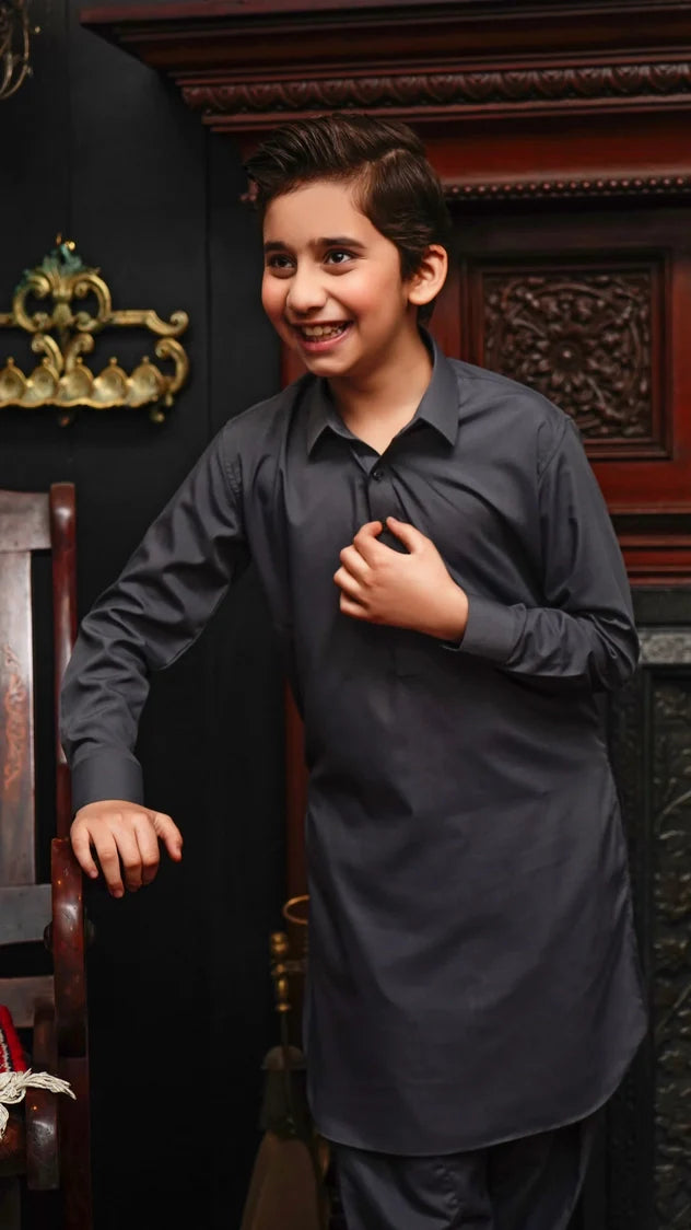 Picture of Maqsood Garments - Collar Kid's Wash & Wear Kameez Shalwar Gray - Available at Raja Sahib