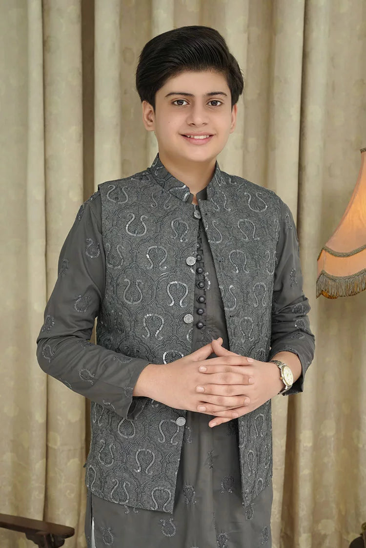 Picture of Maqsood Garments - Sequence Embroidery Kid's Waistcoat - Gray - Available at Raja Sahib