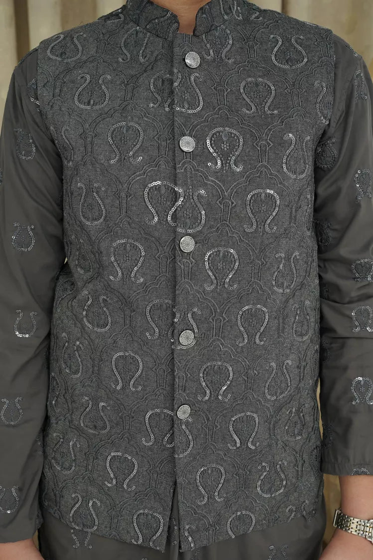 Picture of Maqsood Garments - Sequence Embroidery Kid's Waistcoat - Gray - Available at Raja Sahib