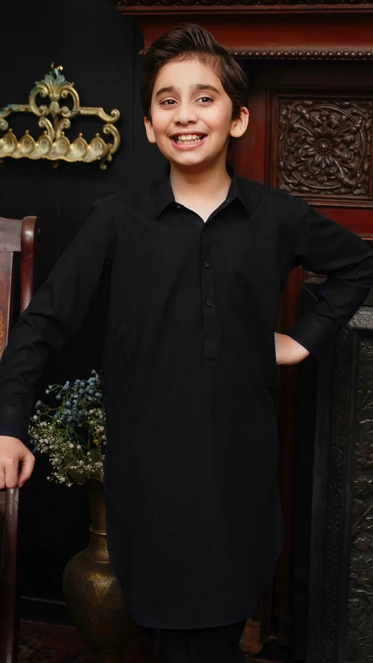 Picture of Maqsood Garments - Collar Kid's Wash & Wear Kameez Shalwar - Jet Black - Available at Raja Sahib