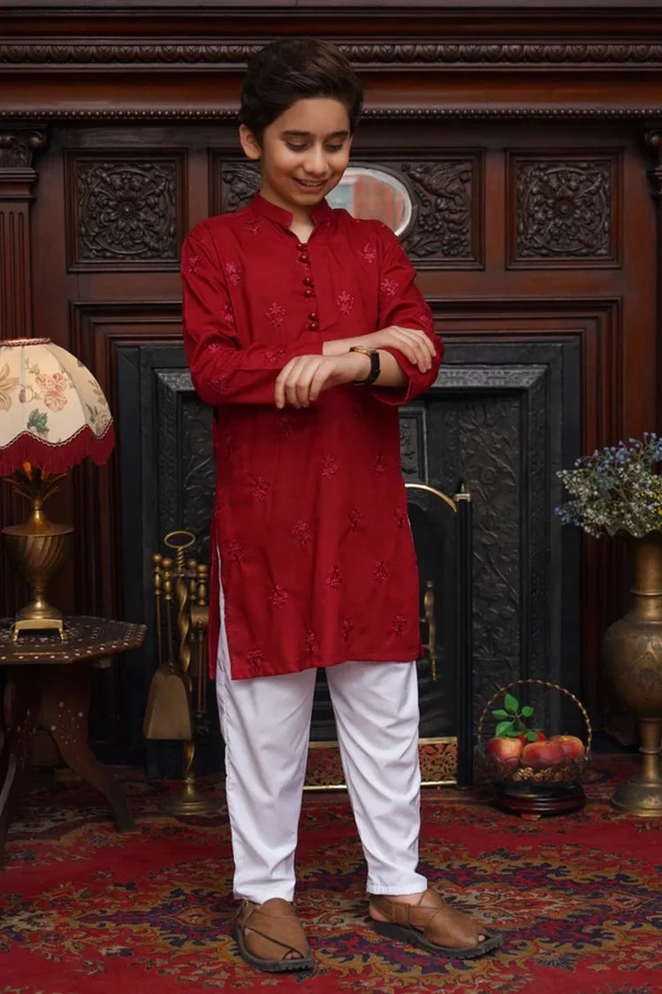 Picture of Maqsood Garments - Embroidered Kid's Cotton Kurta - Red - Available at Raja Sahib