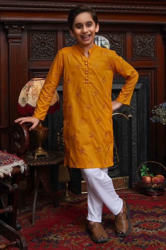 Picture of Maqsood Garments - Embroidered Kid's Kurta - Mustard - Available at Raja Sahib