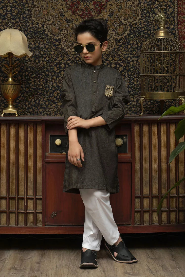 Picture of Maqsood Garments - Patched Kid's Kurta - Brown - Available at Raja Sahib