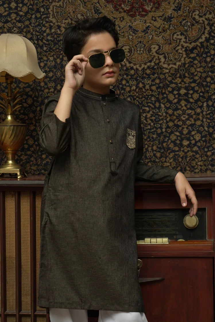 Picture of Maqsood Garments - Patched Kid's Kurta - Brown - Available at Raja Sahib