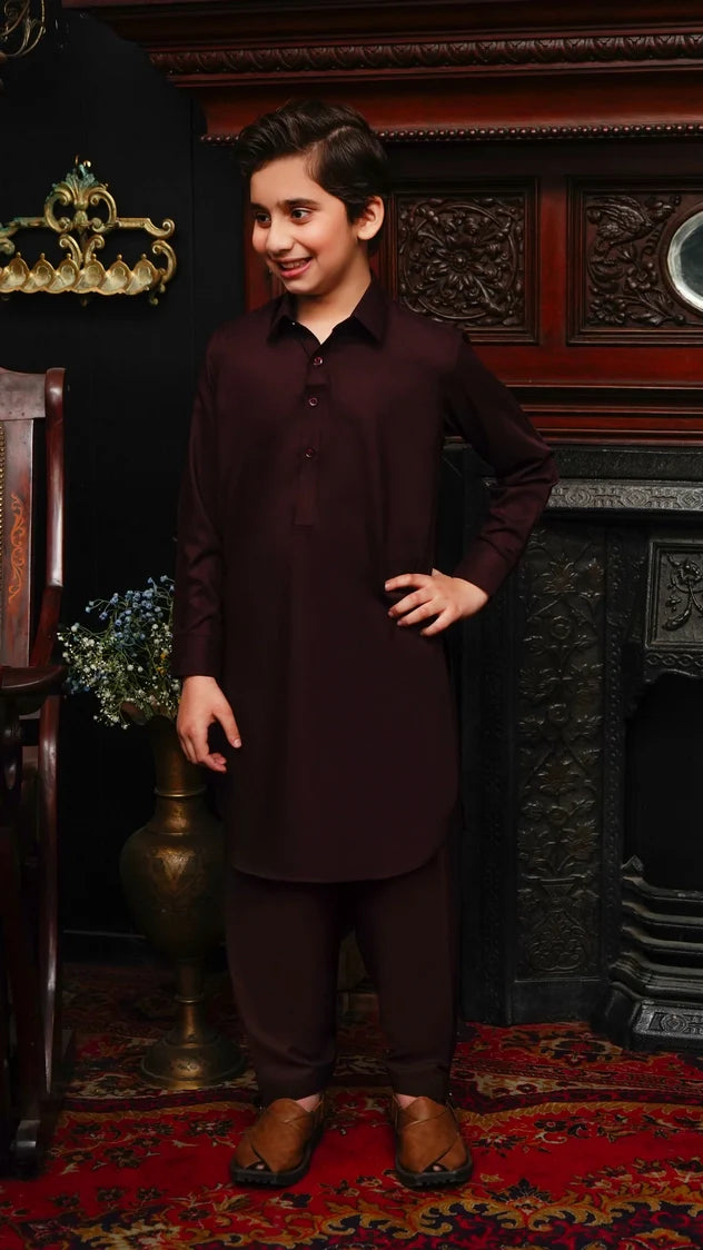 Picture of Maqsood Garments - Collar Kid's Wash & Wear Kameez Shalwar - Maroon - Available at Raja Sahib