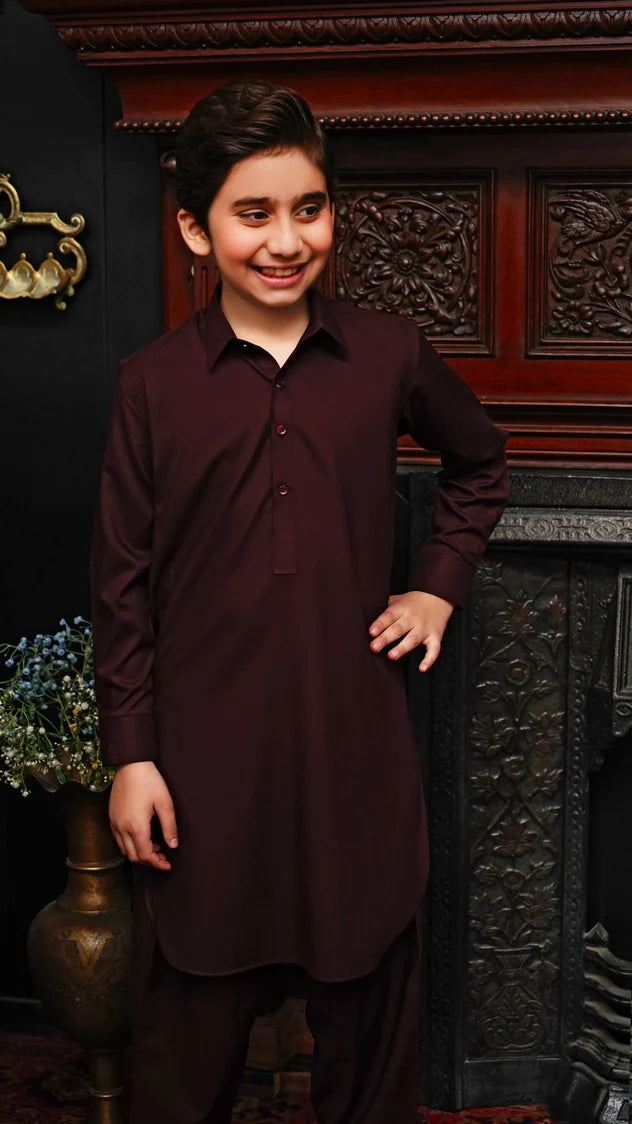Picture of Maqsood Garments - Collar Kid's Wash & Wear Kameez Shalwar - Maroon - Available at Raja Sahib