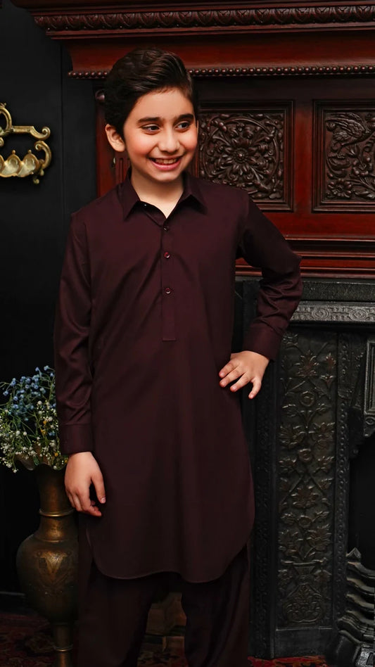 Picture of Maqsood Garments - Collar Kid's Wash & Wear Kameez Shalwar - Maroon - Available at Raja Sahib