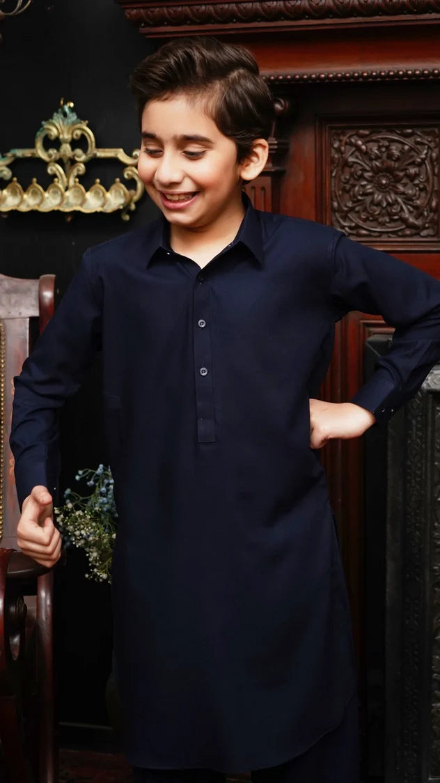 Picture of Maqsood Garments - Collar Kid's Wash & Wear Kameez Shalwar - Navy Blue - Available at Raja Sahib