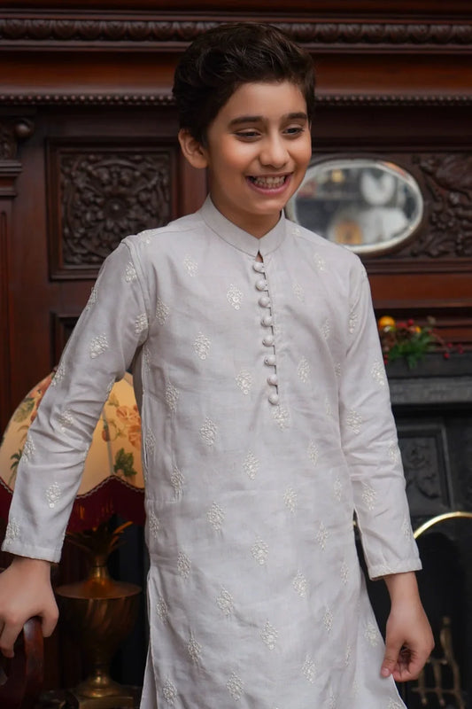 Picture of Maqsood Garments - Linen Kid's Kurta - Off White - Available at Raja Sahib