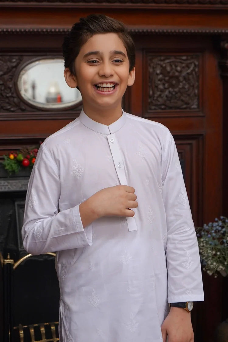 Picture of Maqsood Garments - Cotton Embroidered Kid's Kameez Shalwar - White - Available at Raja Sahib
