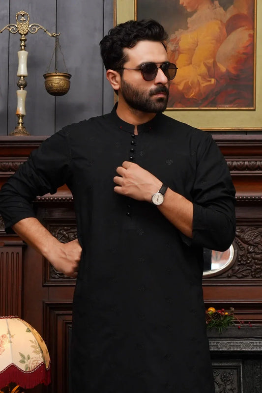 Picture of Maqsood Garments - Embroidered Wash & Wear Men's Kameez Shalwar - Black - Available at Raja Sahib