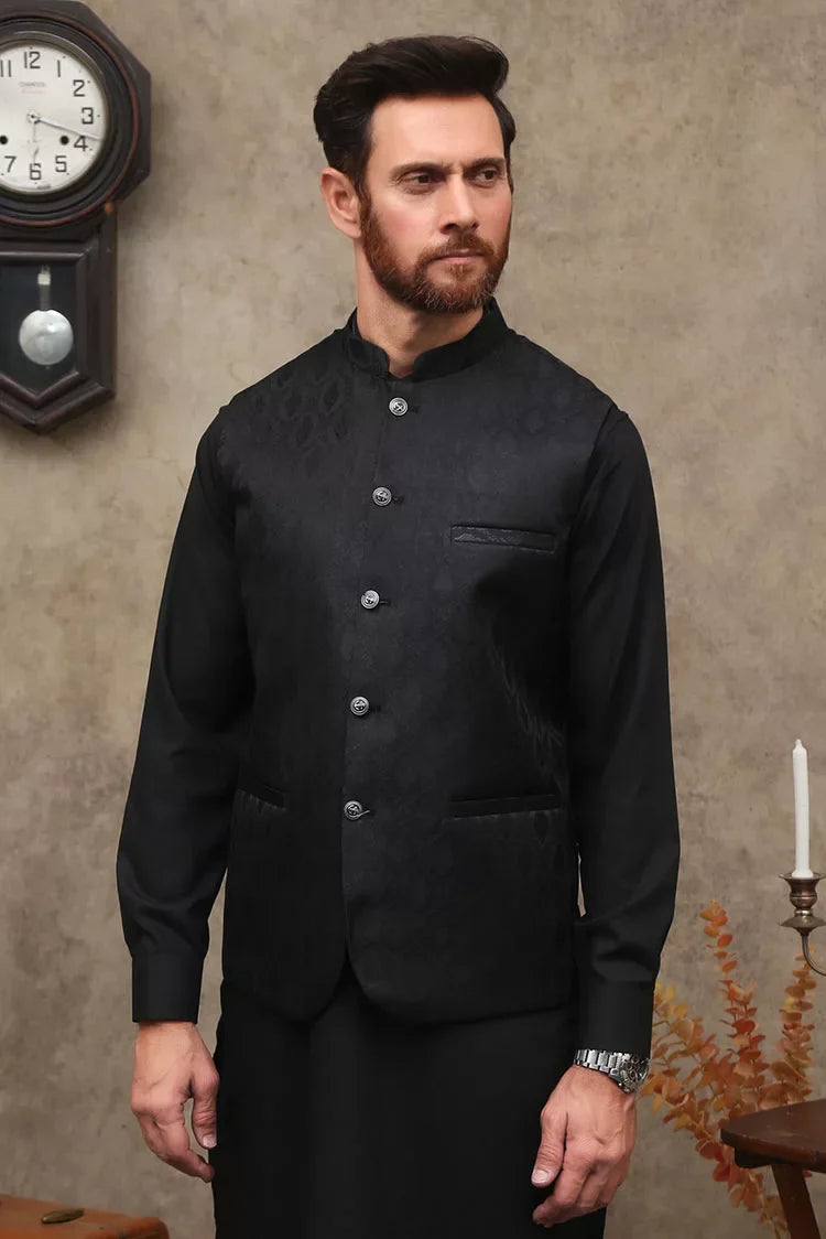 Picture of Maqsood Garments - Jamawar Men's Waistcoat - Black - Available at Raja Sahib