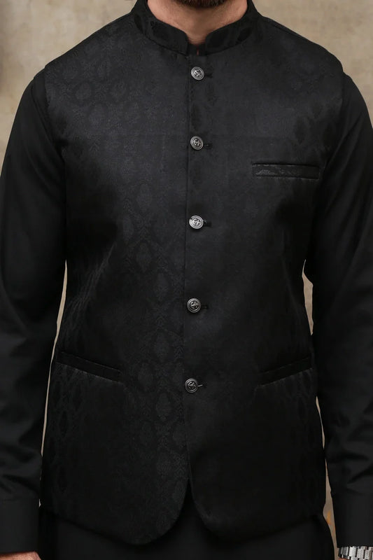 Picture of Maqsood Garments - Jamawar Men's Waistcoat - Black - Available at Raja Sahib