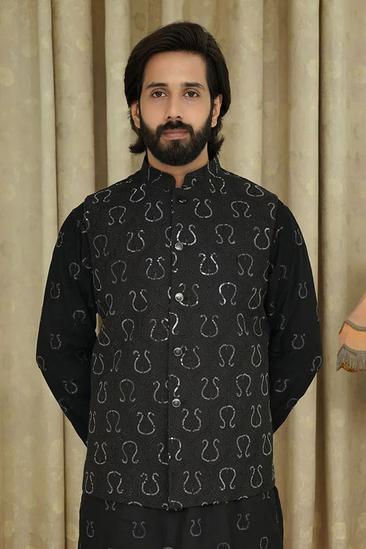 Picture of Maqsood Garments - Sequence Embroidery Men's Waistcoat - Black - Available at Raja Sahib