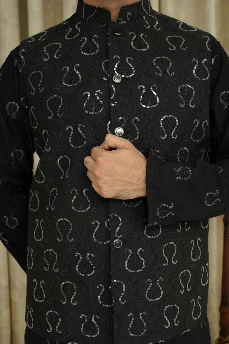 Picture of Maqsood Garments - Sequence Embroidery Men's Waistcoat - Black - Available at Raja Sahib