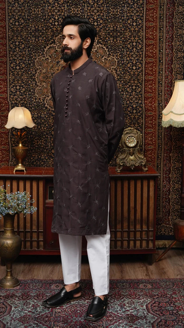 Picture of Maqsood Garments - Embroidered Men's Kurta - Chocolate Brown - Available at Raja Sahib
