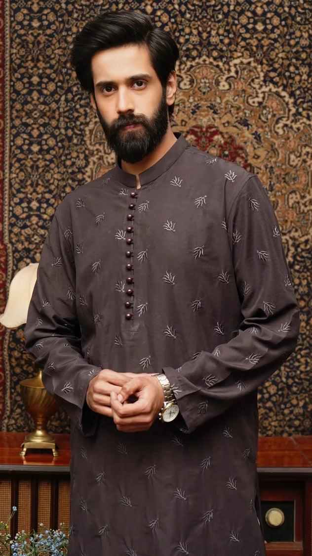 Picture of Maqsood Garments - Embroidered Men's Kurta - Chocolate Brown - Available at Raja Sahib