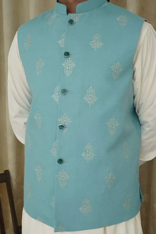 Picture of Maqsood Garments - Embroidery Men's Waistcoat - Ferozi - Available at Raja Sahib