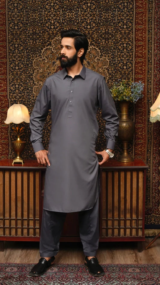 Picture of Maqsood Garments - Collar Wash & Wear Men's Shalwar Kameez - Grey - Available at Raja Sahib